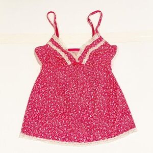 Y2K Fuchsia Pink Floral Babydoll Chemise Lace Trim Adjustable Straps Size S